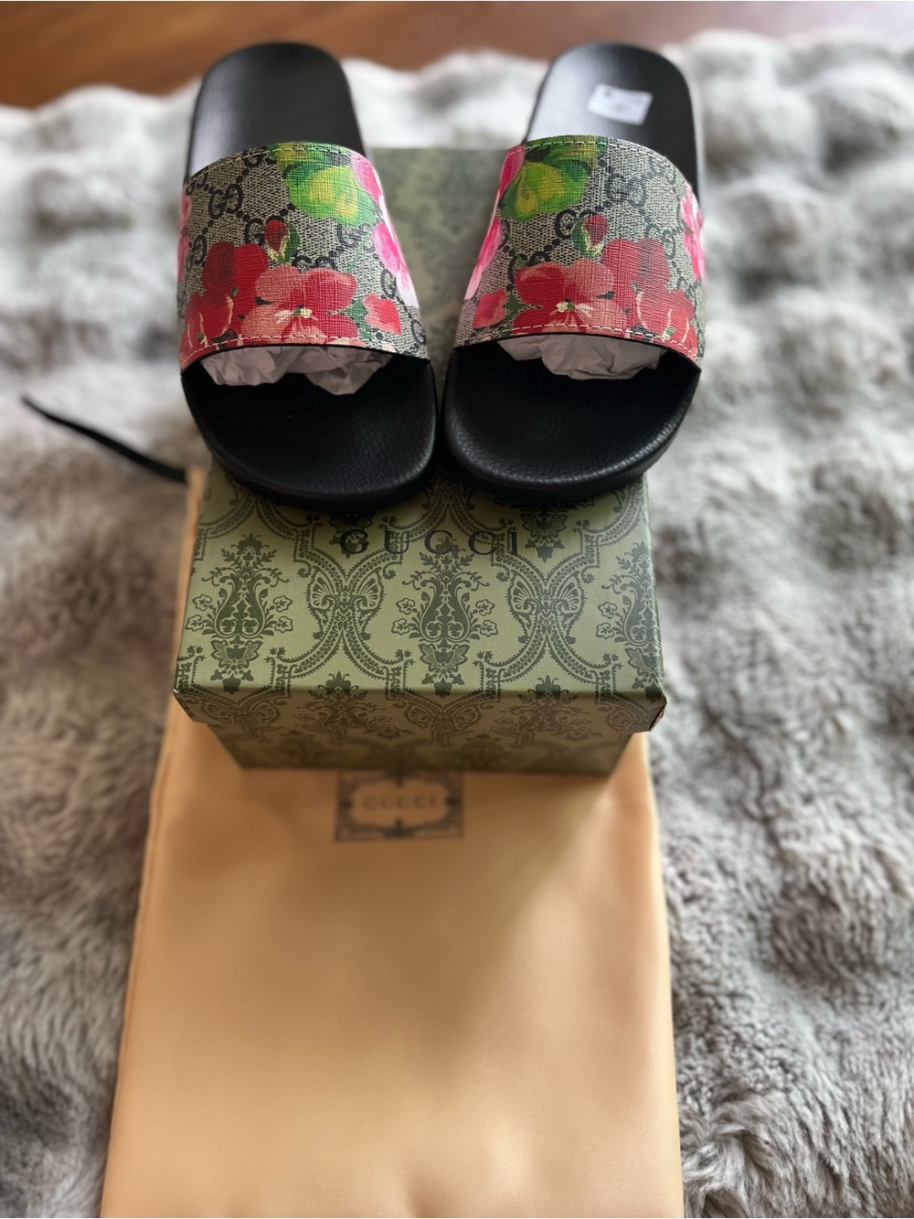 Gucci Black Slide Sandals with Pink & Green Floral Logo Strap